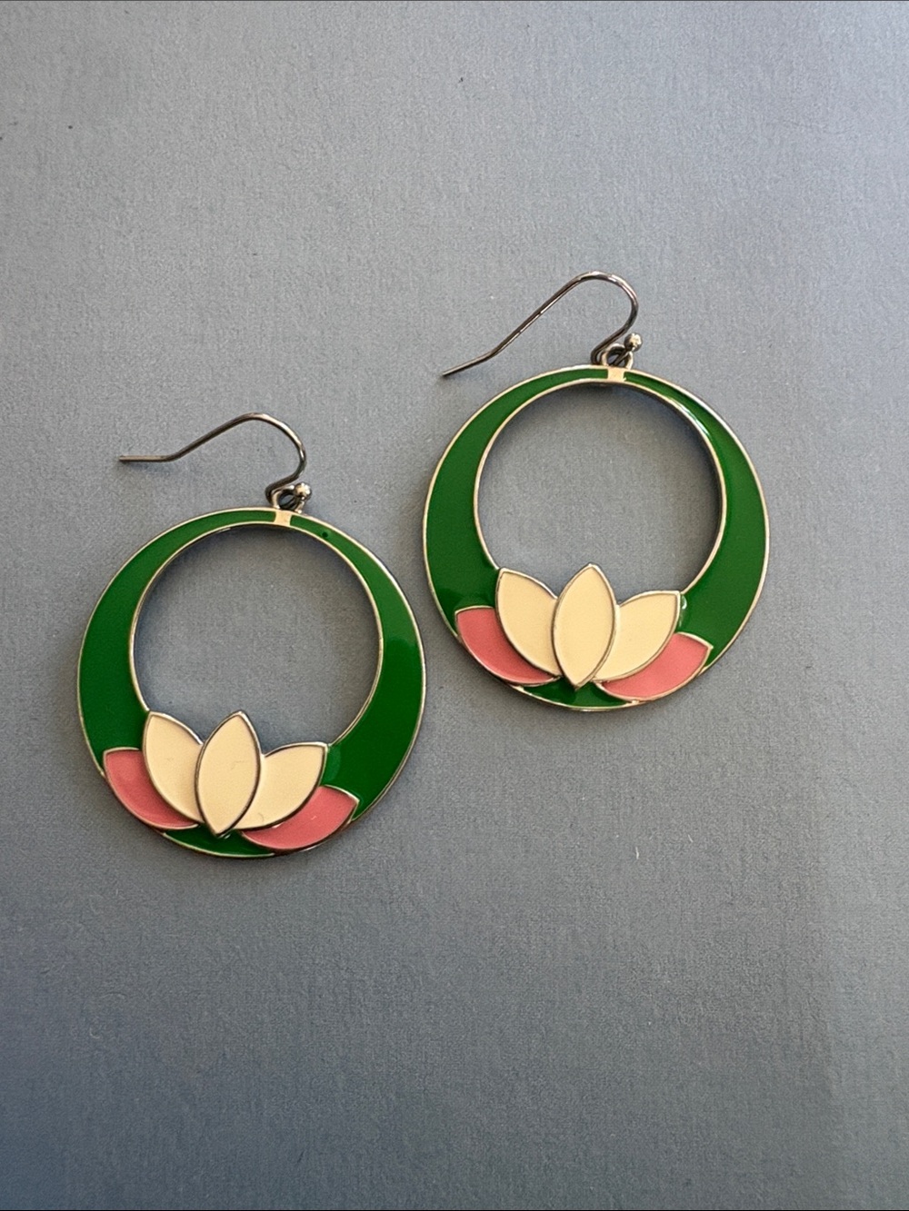 liberty Green Hoop Earrings with Pink and Cream Lotus Motif